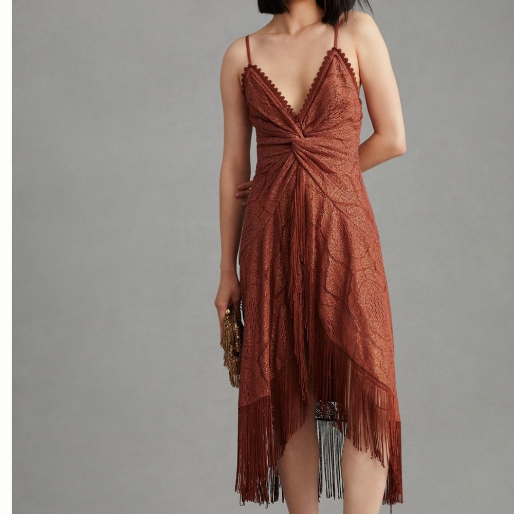 Anthropologie Bhanuni By Jyoti Crochet Fringe Dress Size 14 Rust Brown